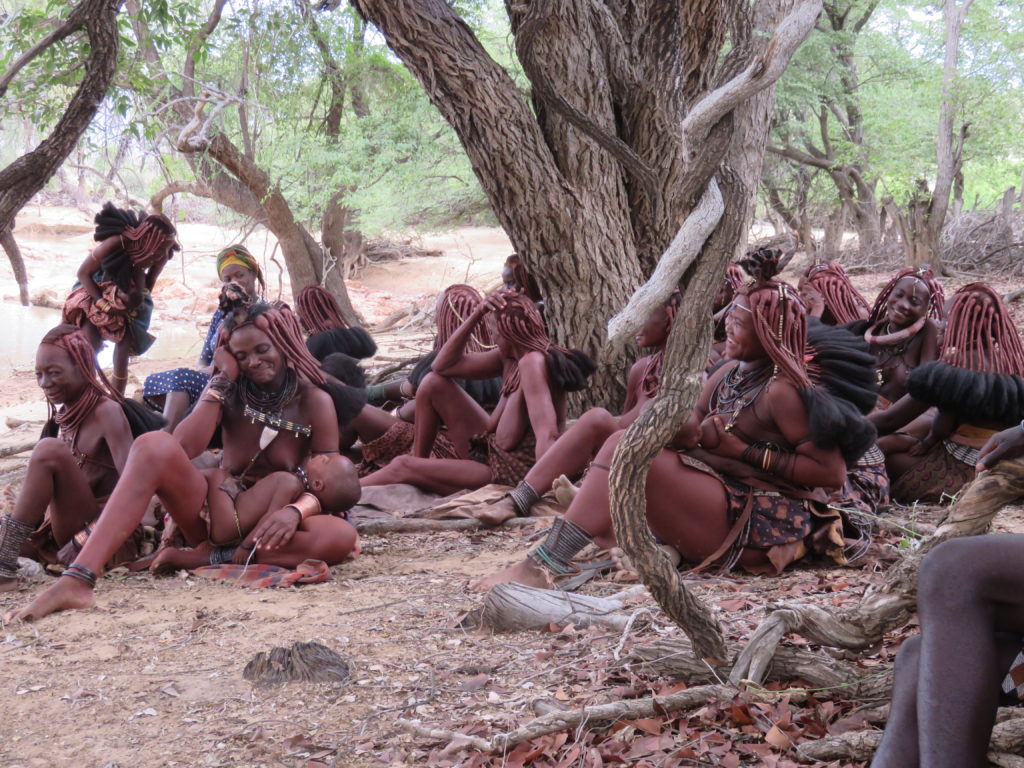 15 Himba women sit together under a tree. Two of the women are nursing babies.  