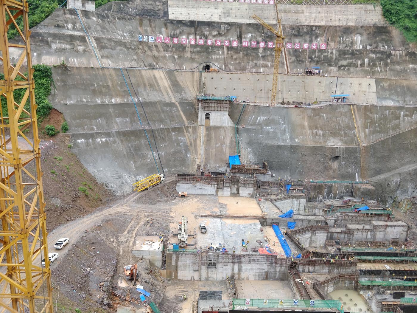 Nam Ou 3’s construction site with safety warning in Chinese at the top of the dam, 12 August 2018. Source: International Rivers
