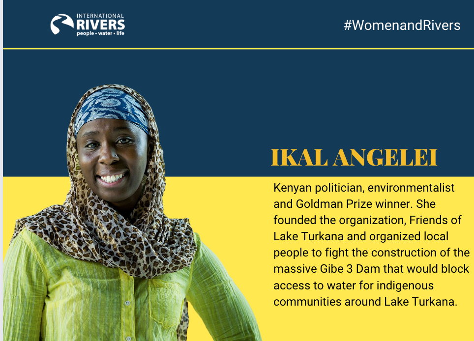 Ikal Angelei: Kenyan politician,  environmentalist and Goldman Prize winner. She founded the organization, Friends of Lake Turkana and organized local people to fight the construction of the massive Gibe 3 Dam that would block access to water for indigenous communities around Lake Turkana